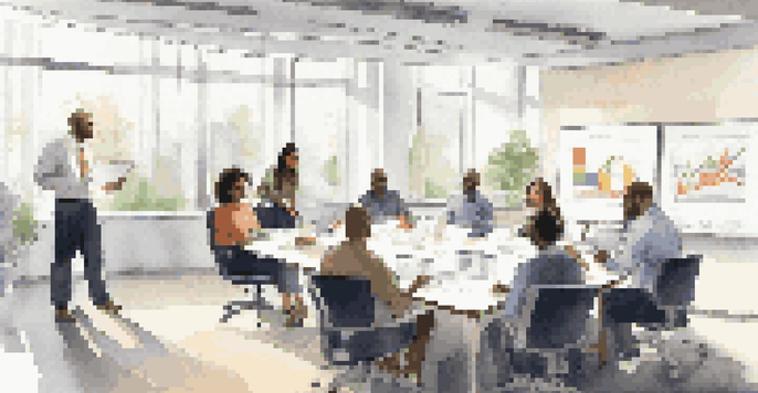 A group of diverse employees participating in a compliance training workshop in a well-lit office, with a whiteboard filled with regulatory information.