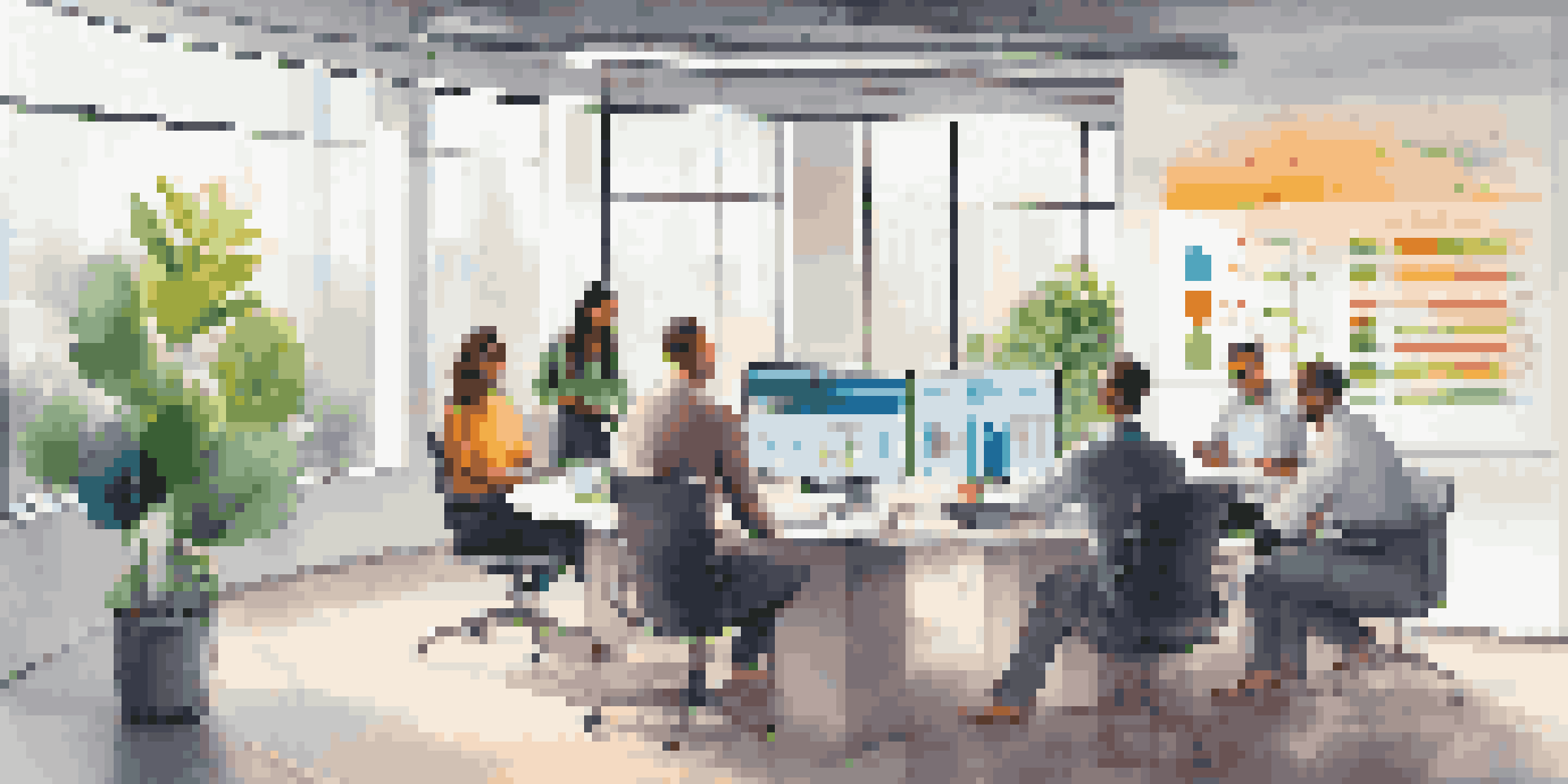 A modern office with a digital screen showing innovation metrics and team members collaborating around a table with plants and natural light.