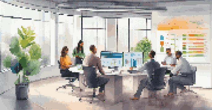 A modern office with a digital screen showing innovation metrics and team members collaborating around a table with plants and natural light.