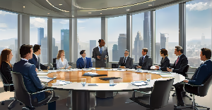 A diverse group of board members in a modern boardroom engaged in discussion, with a city skyline visible through large windows.