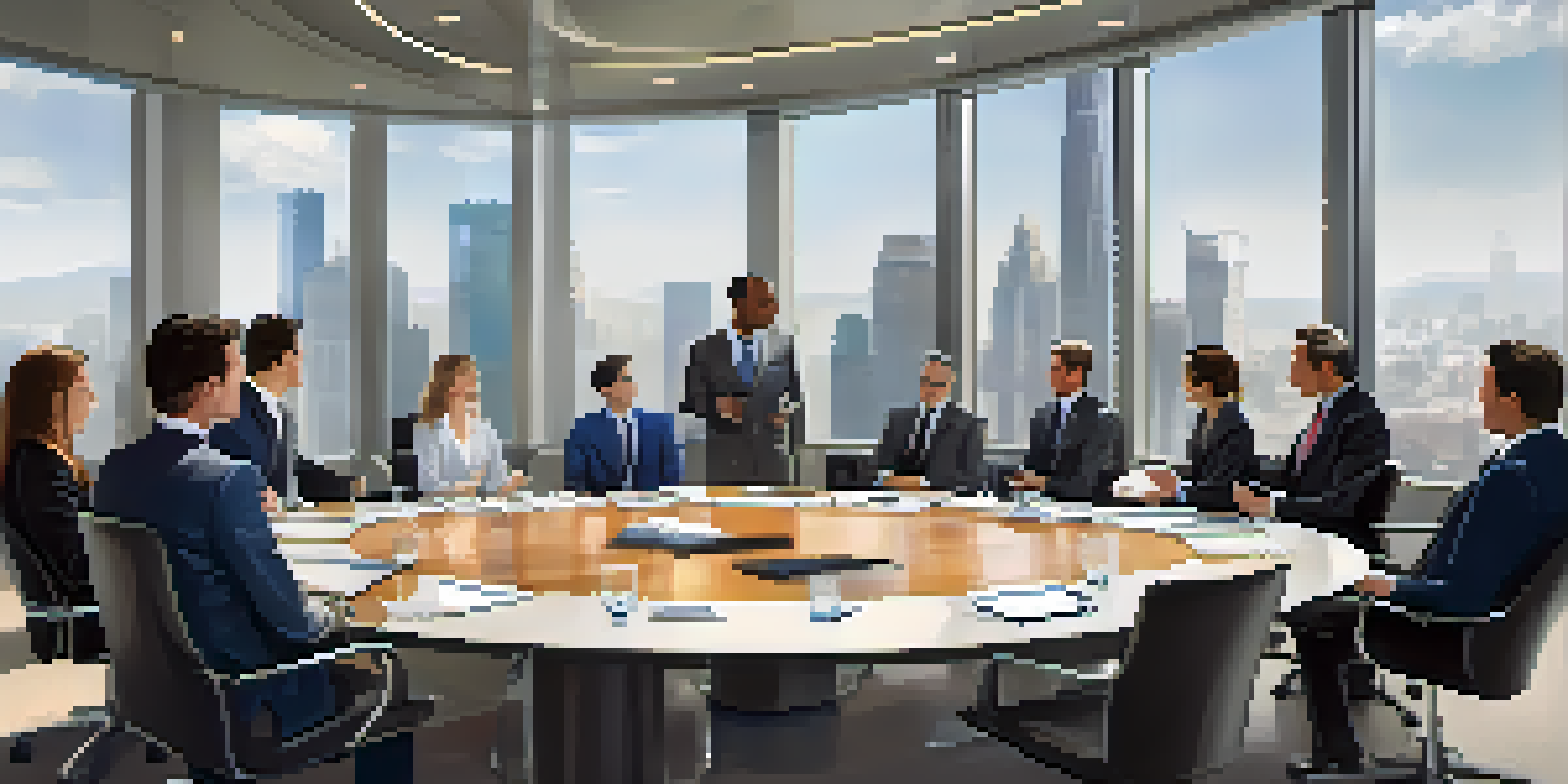 A diverse group of board members in a modern boardroom engaged in discussion, with a city skyline visible through large windows.