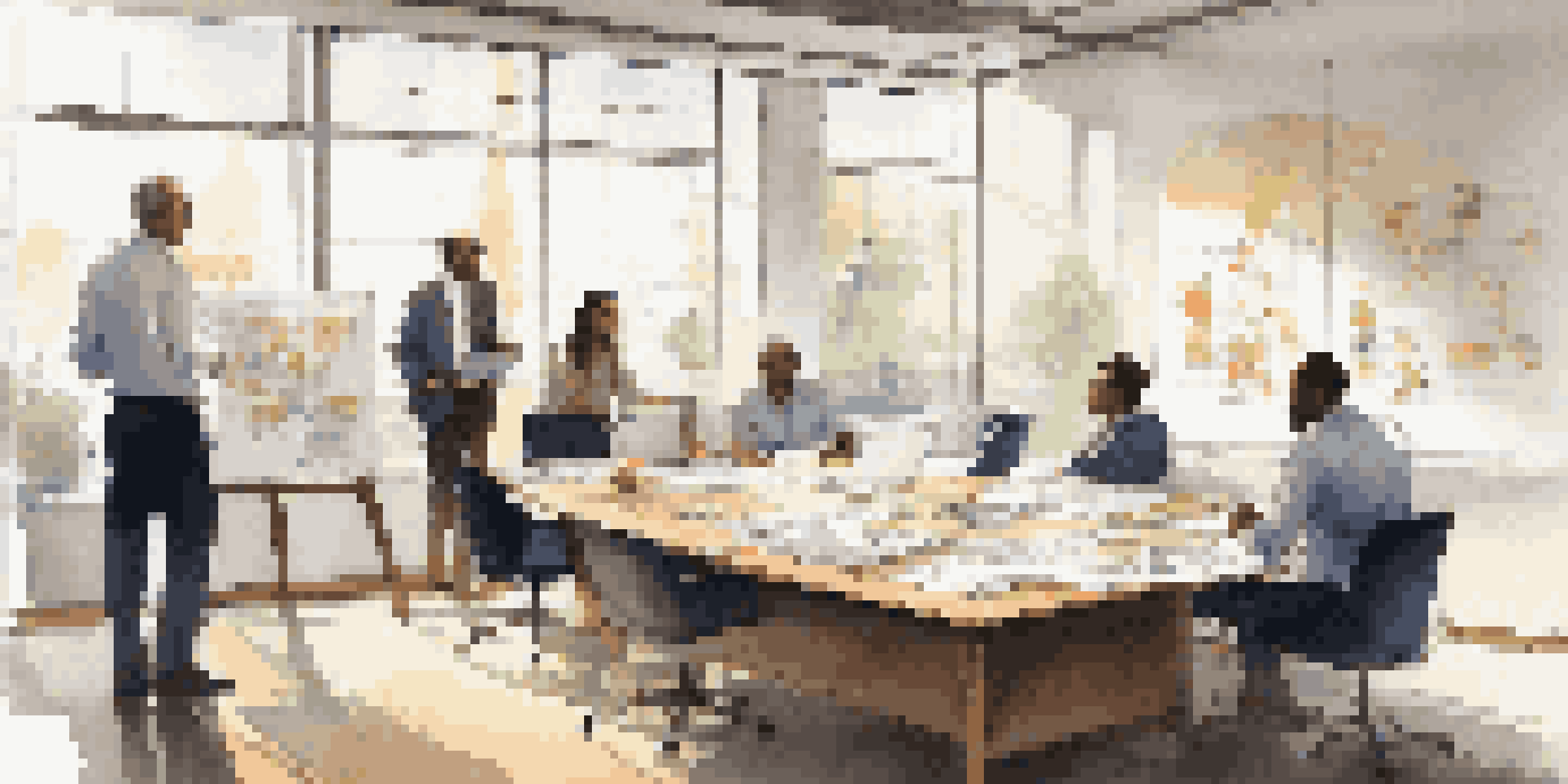 A diverse group of professionals in a bright office discussing business continuity strategies, with charts and notes visible.