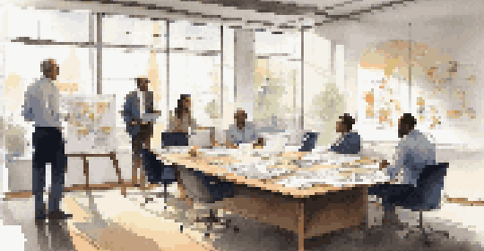 A diverse group of professionals in a bright office discussing business continuity strategies, with charts and notes visible.