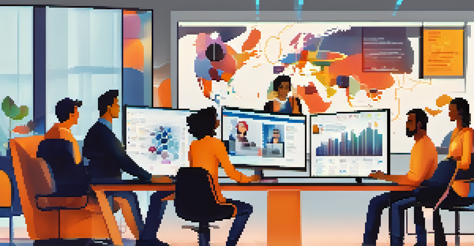 A digital illustration of remote workers in a video conference, with data visualizations in the background, representing agile methodologies.