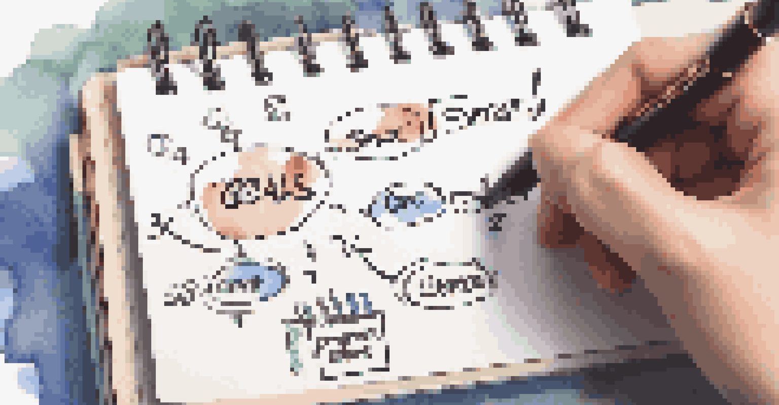 A close-up image of a hand writing SMART goals in a notebook with a blurred computer screen in the background.