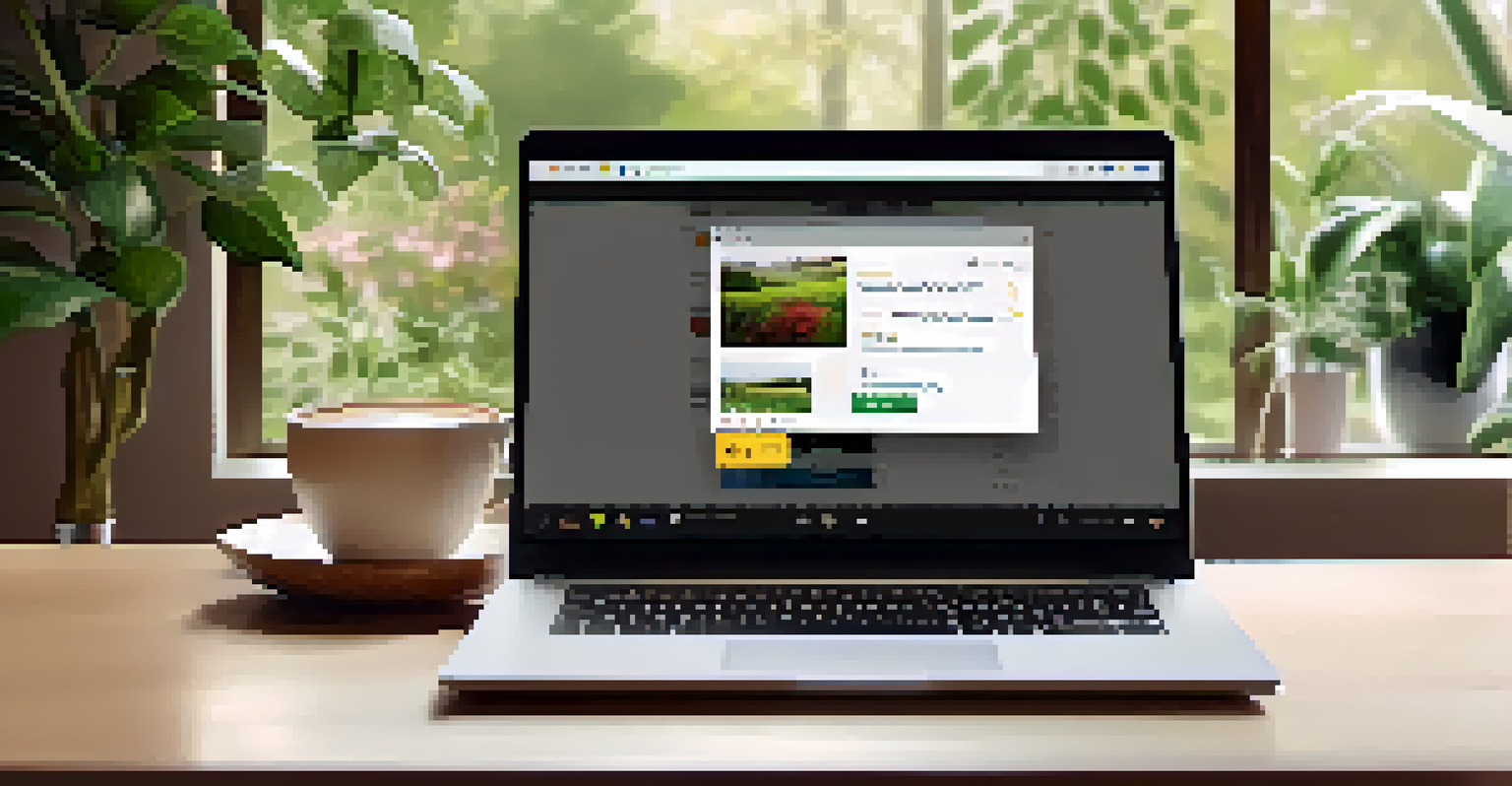 A close-up of a laptop showing a positive customer review, with a cup of coffee and a notepad nearby, creating a cozy workspace vibe.