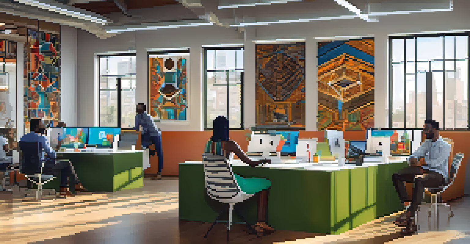 A modern co-working space in Africa with young professionals collaborating, decorated with traditional African art and natural light.