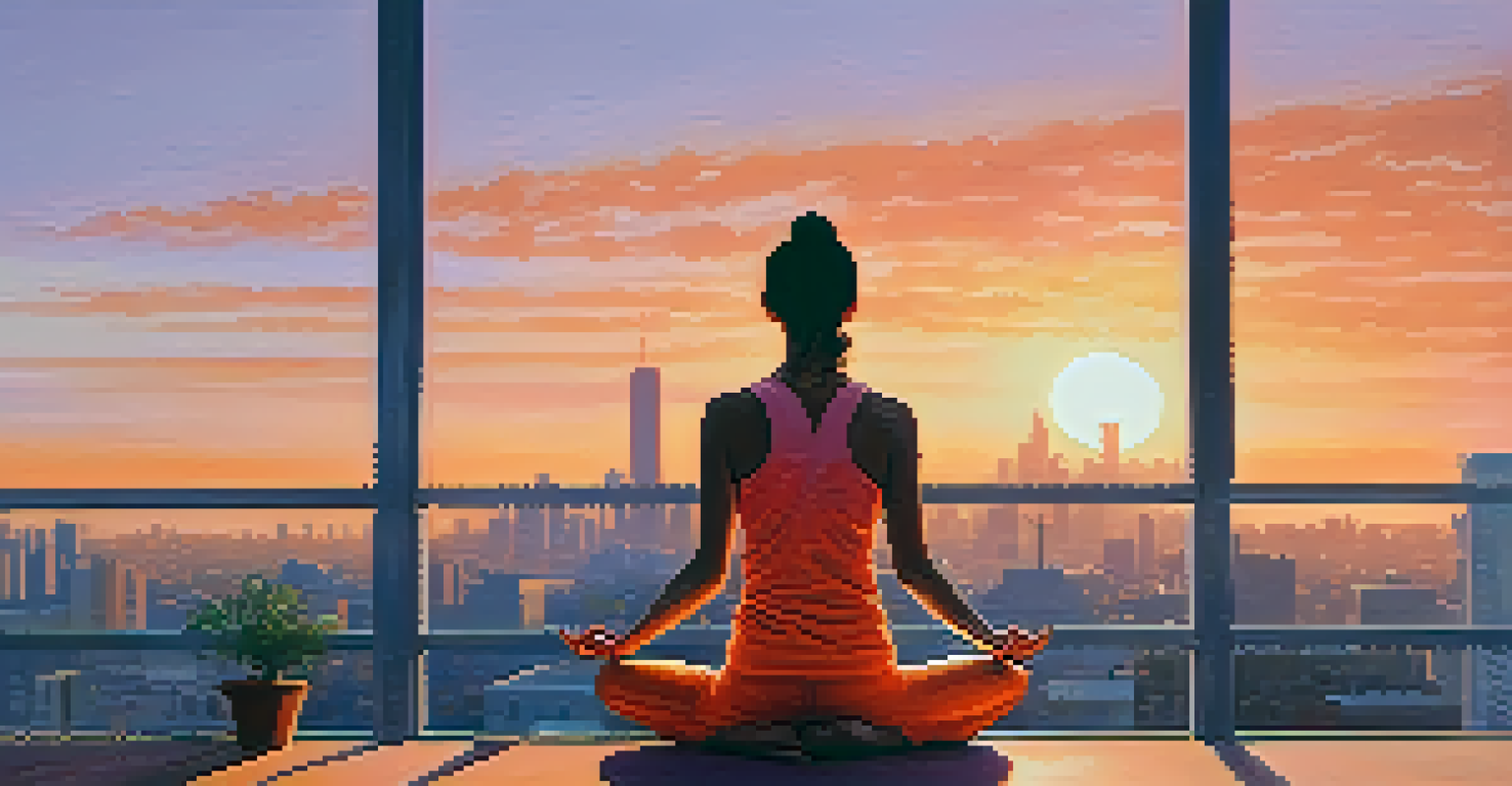 A person practicing yoga on a balcony at sunrise, with a journal and pen nearby, overlooking a city skyline.