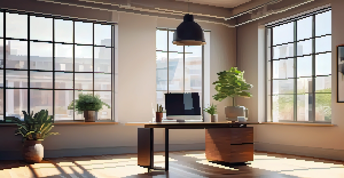 A modern office desk with a laptop, coffee cup, and plant, illuminated by soft morning sunlight.