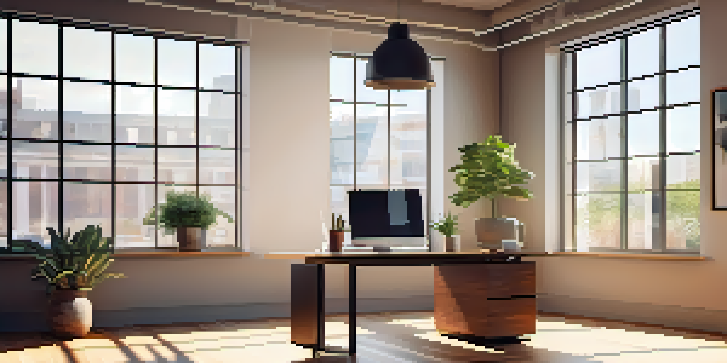 A modern office desk with a laptop, coffee cup, and plant, illuminated by soft morning sunlight.