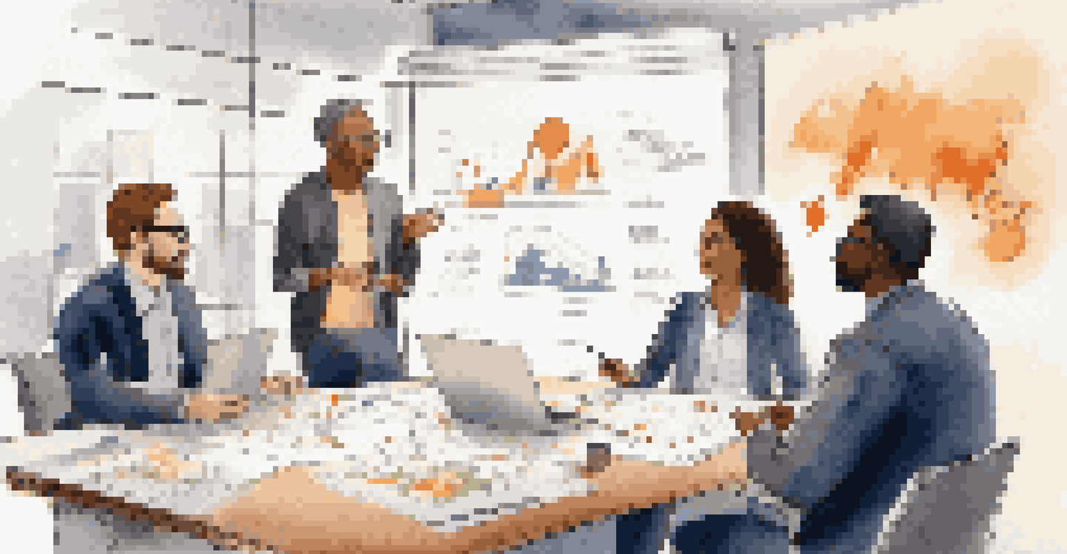 A diverse team of professionals collaborating around a table with a Business Model Canvas.