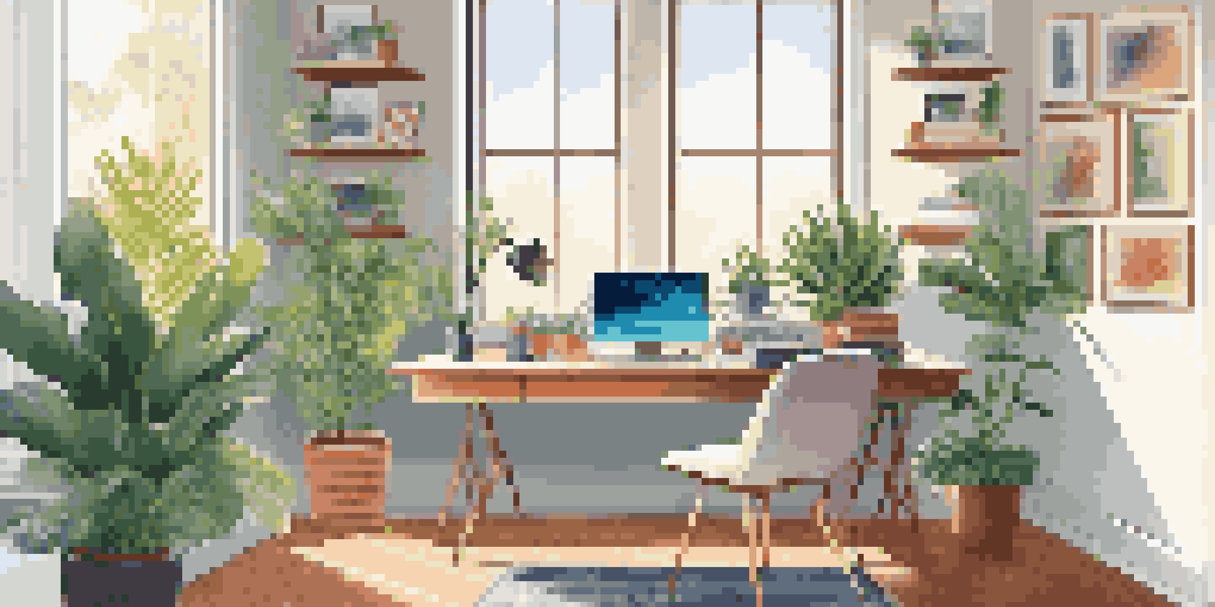 A bright and inviting modern home office with a desk, laptop, plants, and artwork, illuminated by natural light.
