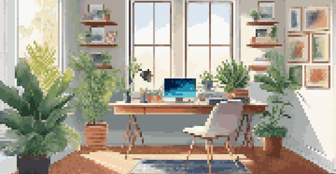 A bright and inviting modern home office with a desk, laptop, plants, and artwork, illuminated by natural light.