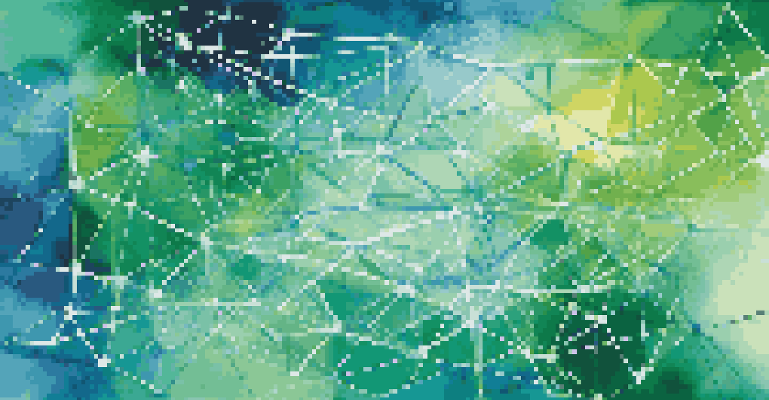 A digital network illustration showing interconnected nodes and data flow in blue and green colors.