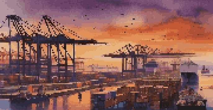 A busy international trade port during sunset, featuring cargo ships, cranes, and workers coordinating logistics.