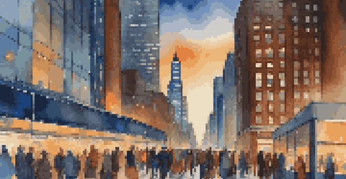 A city skyline at dusk with modern skyscrapers and a busy street filled with pedestrians.