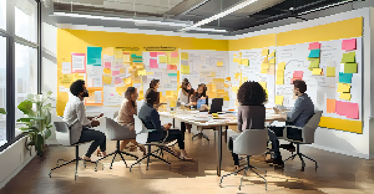 A diverse team collaborating around a whiteboard filled with ideas, in a bright and inspiring workspace, emphasizing teamwork and innovation.