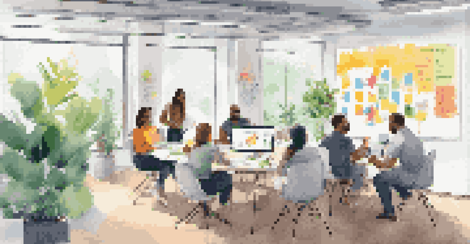 A team brainstorming session in an open office space with colorful sticky notes and a whiteboard.