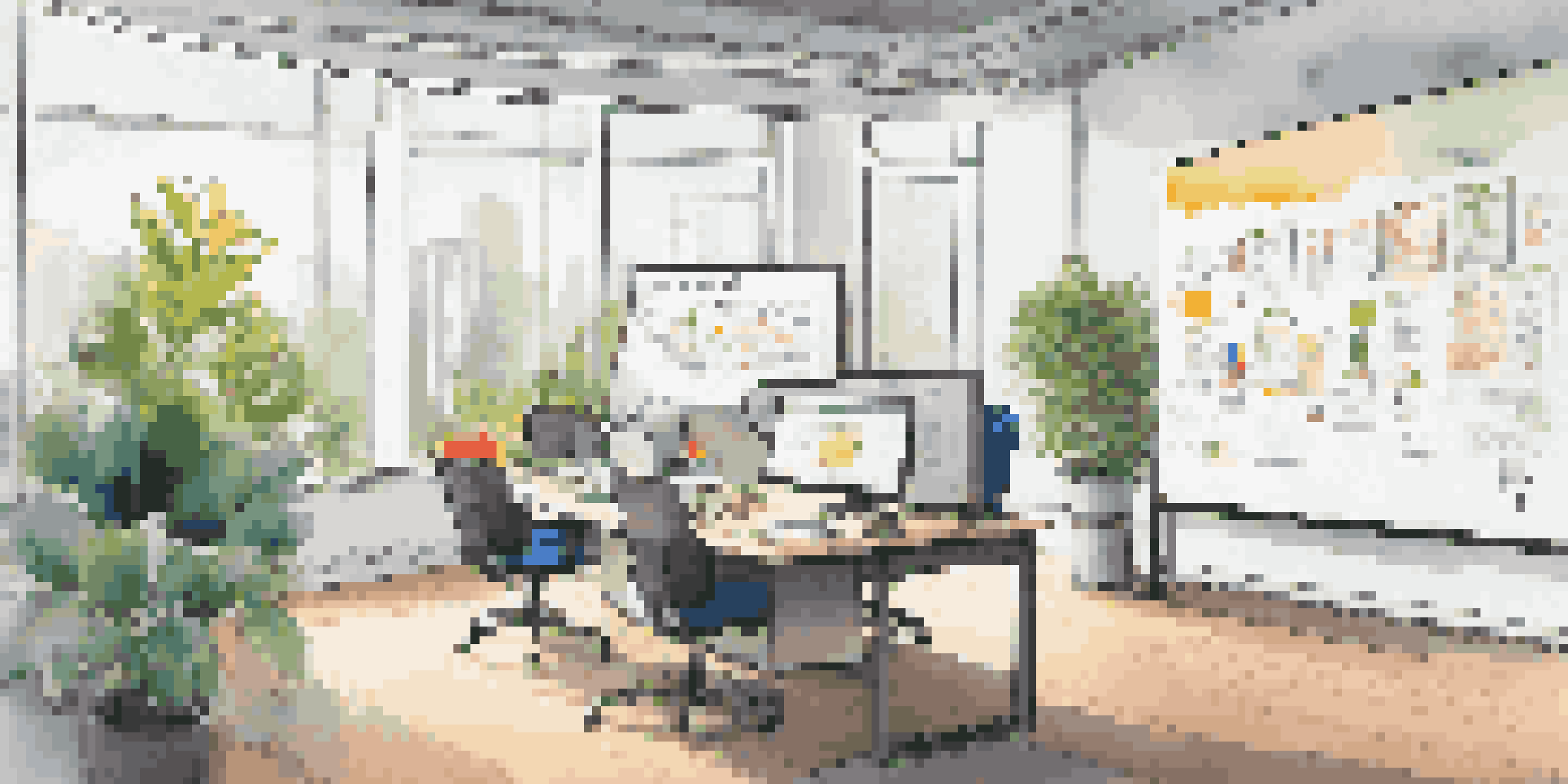 An office with a large whiteboard displaying a colorful Business Model Canvas, with natural light coming through a window and modern furniture.