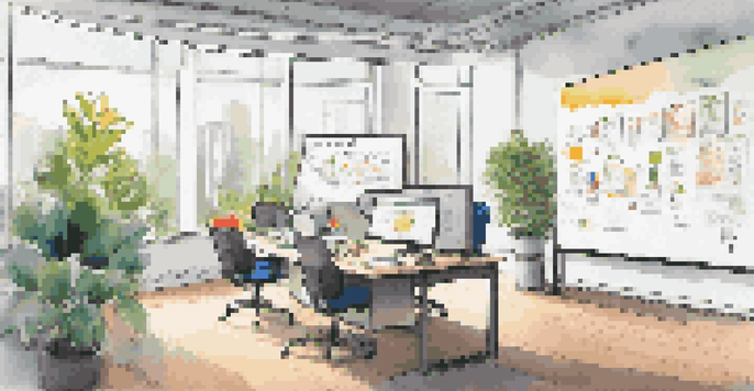 An office with a large whiteboard displaying a colorful Business Model Canvas, with natural light coming through a window and modern furniture.