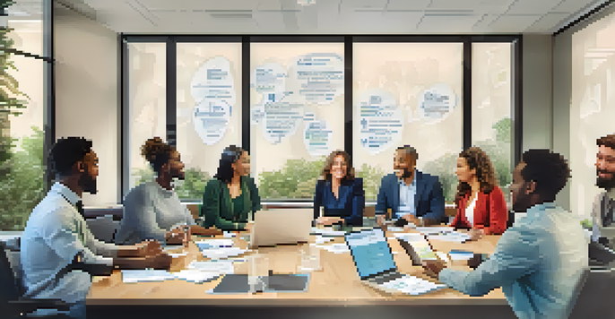 A group of diverse professionals in a bright conference room engaged in a brainstorming session, surrounded by motivational quotes.