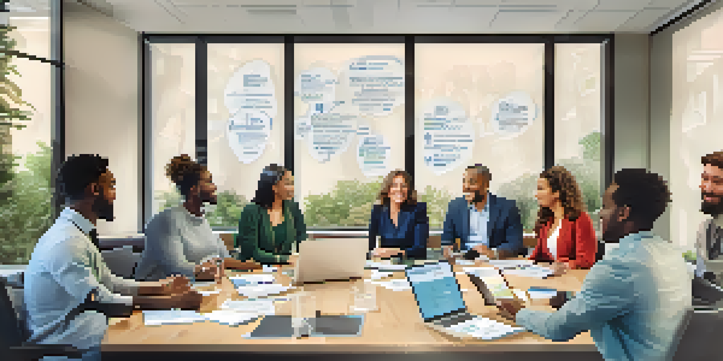A group of diverse professionals in a bright conference room engaged in a brainstorming session, surrounded by motivational quotes.