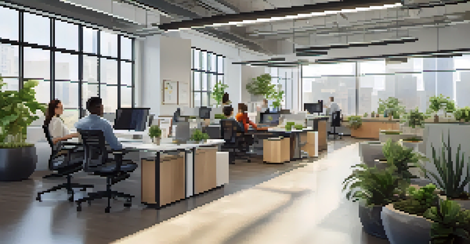 An open office environment with diverse employees collaborating at flexible workstations, bright natural light, and indoor plants.