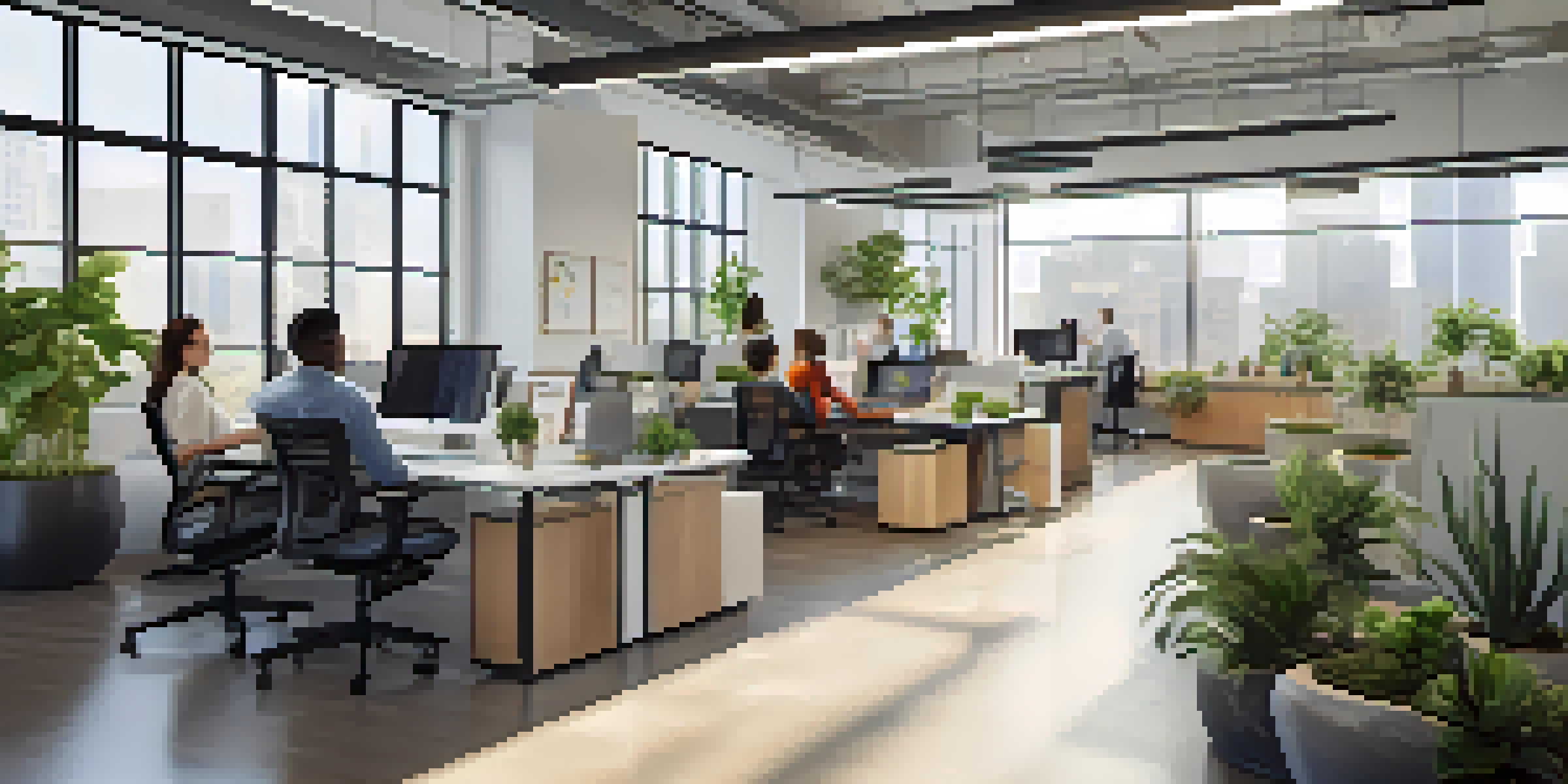 An open office environment with diverse employees collaborating at flexible workstations, bright natural light, and indoor plants.