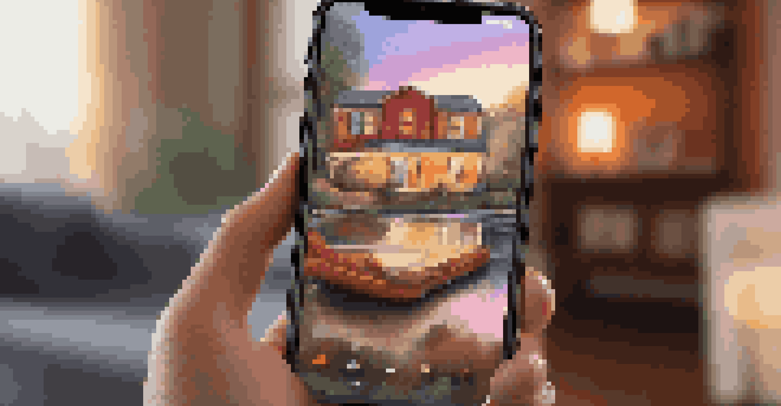 A hand holding a smartphone displaying an engaging video thumbnail in a cozy living room.