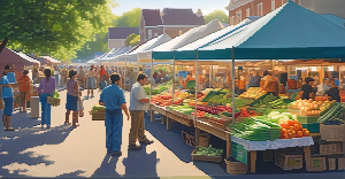 A bright farmer's market with various stalls selling fresh produce and handmade goods, surrounded by greenery and people engaging with each other.