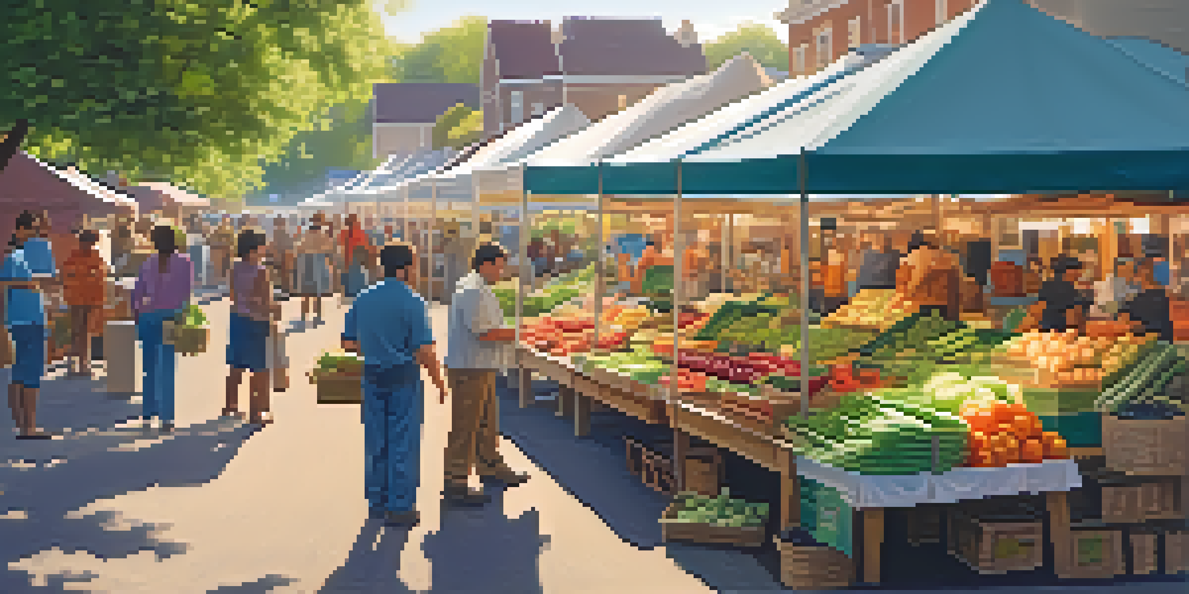 A bright farmer's market with various stalls selling fresh produce and handmade goods, surrounded by greenery and people engaging with each other.