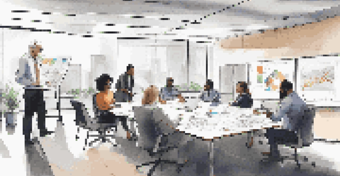 A diverse group of professionals in a modern office discussing business continuity plans with charts and notes visible.