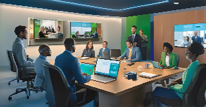 A diverse group of professionals participating in a virtual meeting on individual screens, set in cozy and unique workspaces.