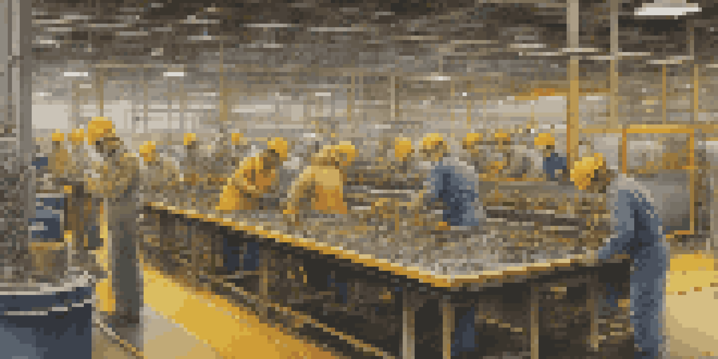 A busy manufacturing floor with workers in safety gear collaborating on an assembly line.