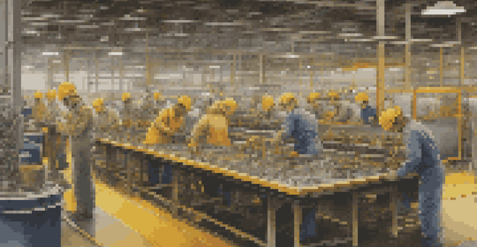 A busy manufacturing floor with workers in safety gear collaborating on an assembly line.