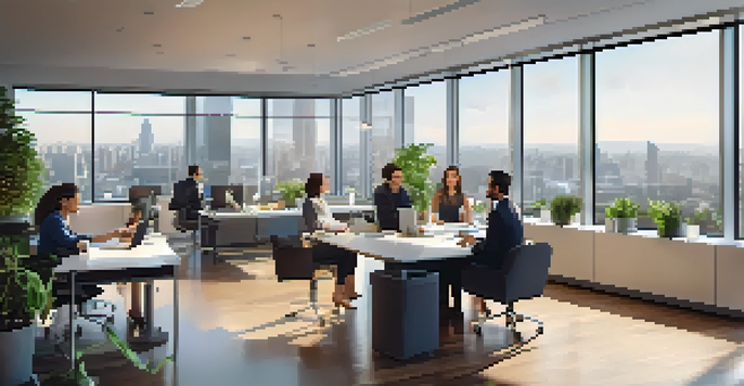 A diverse group of professionals discussing in a modern office with a city skyline view.