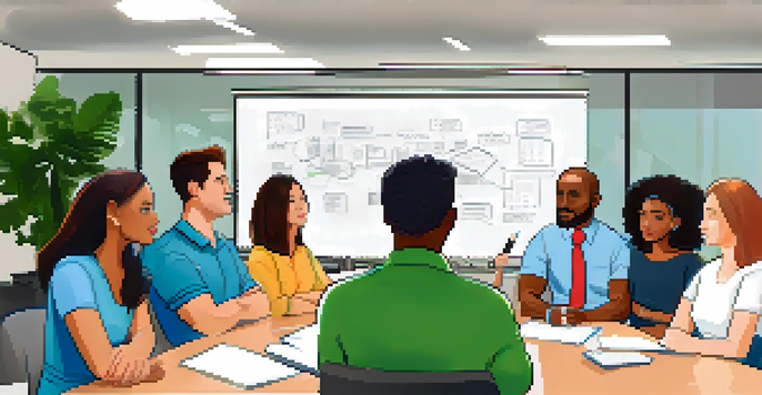 A diverse group of professionals engaged in a lively team meeting, showcasing active listening and collaboration.