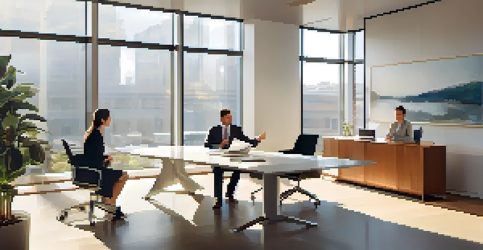 Two professionals in a modern office discussing a document, with sunlight streaming through large windows.