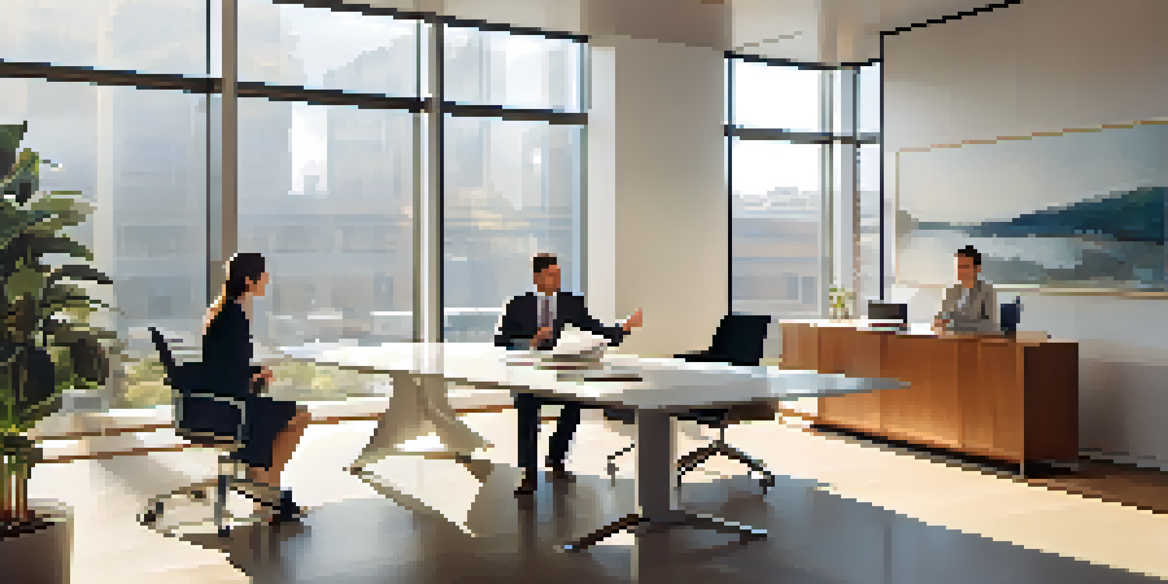 Two professionals in a modern office discussing a document, with sunlight streaming through large windows.