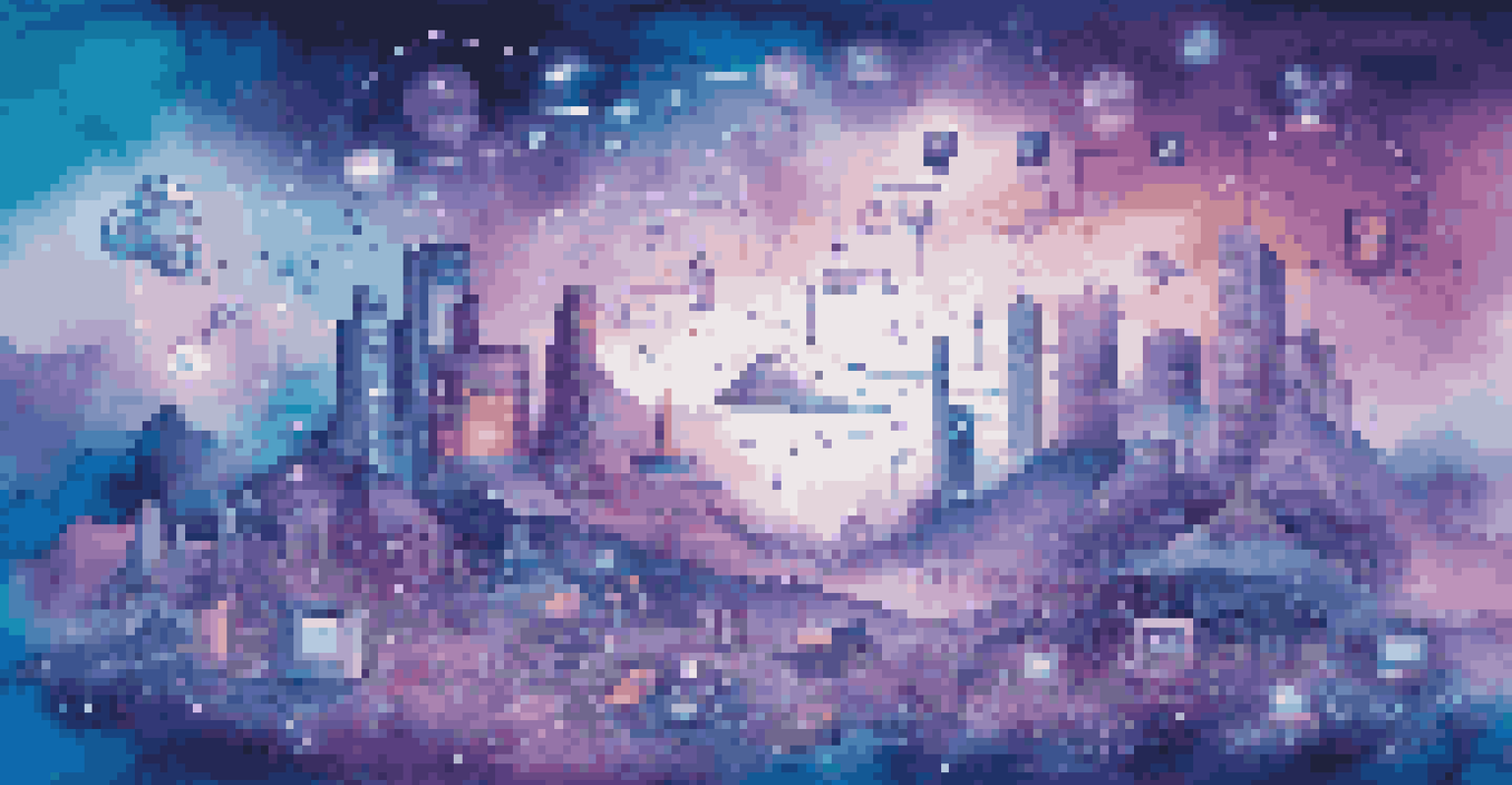 A digital landscape with technological symbols like cloud computing and AI against a blue and purple gradient background.