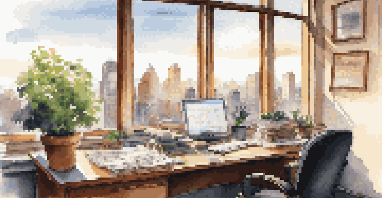 An office with a view of a city skyline, featuring financial reports and a calculator on the desk.