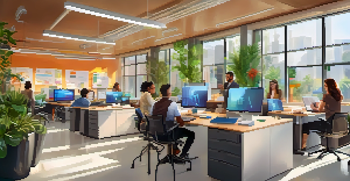 A group of diverse employees in a bright corporate office engaging in a training session with laptops, surrounded by colorful infographics and plants.