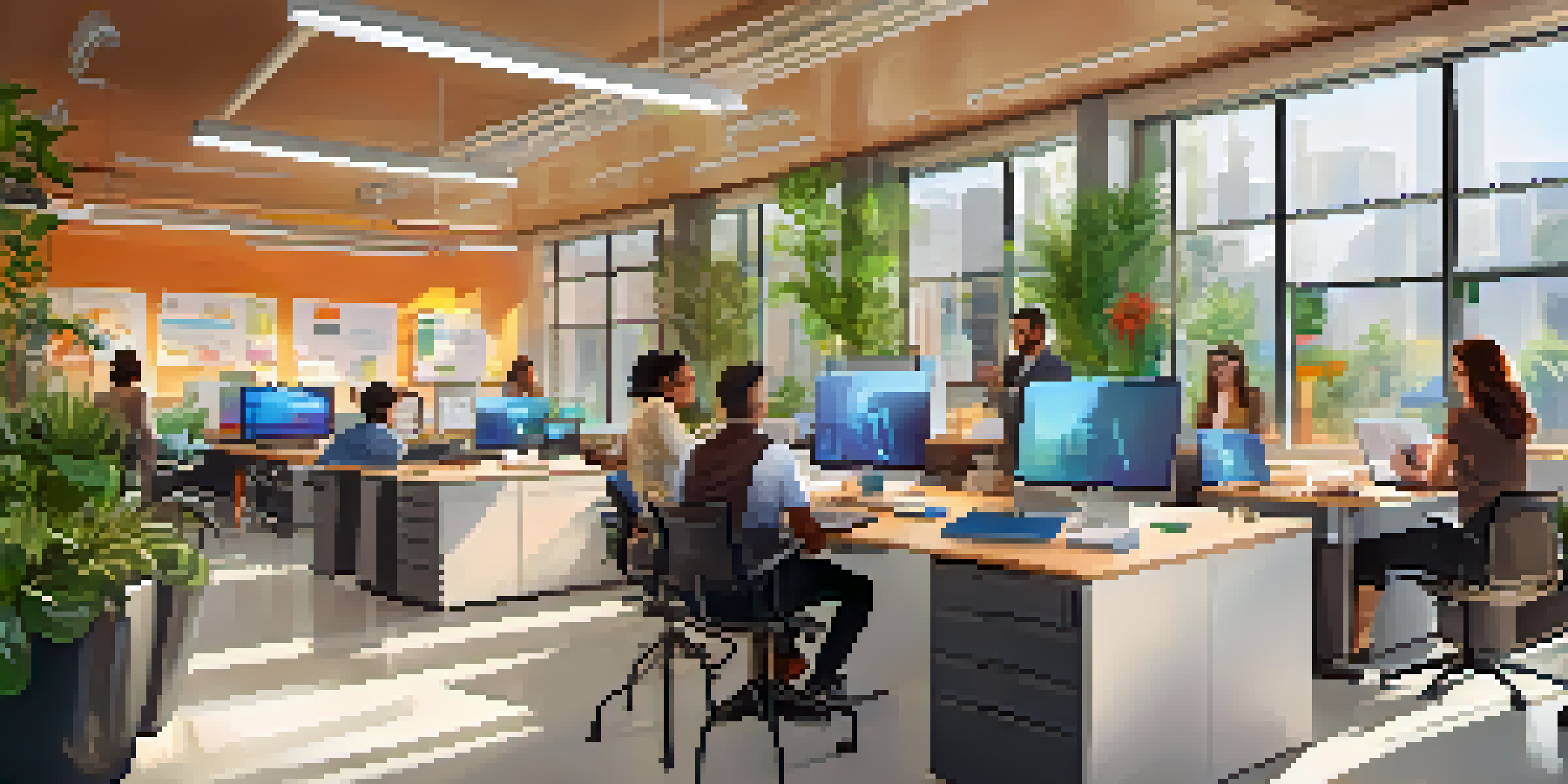 A group of diverse employees in a bright corporate office engaging in a training session with laptops, surrounded by colorful infographics and plants.