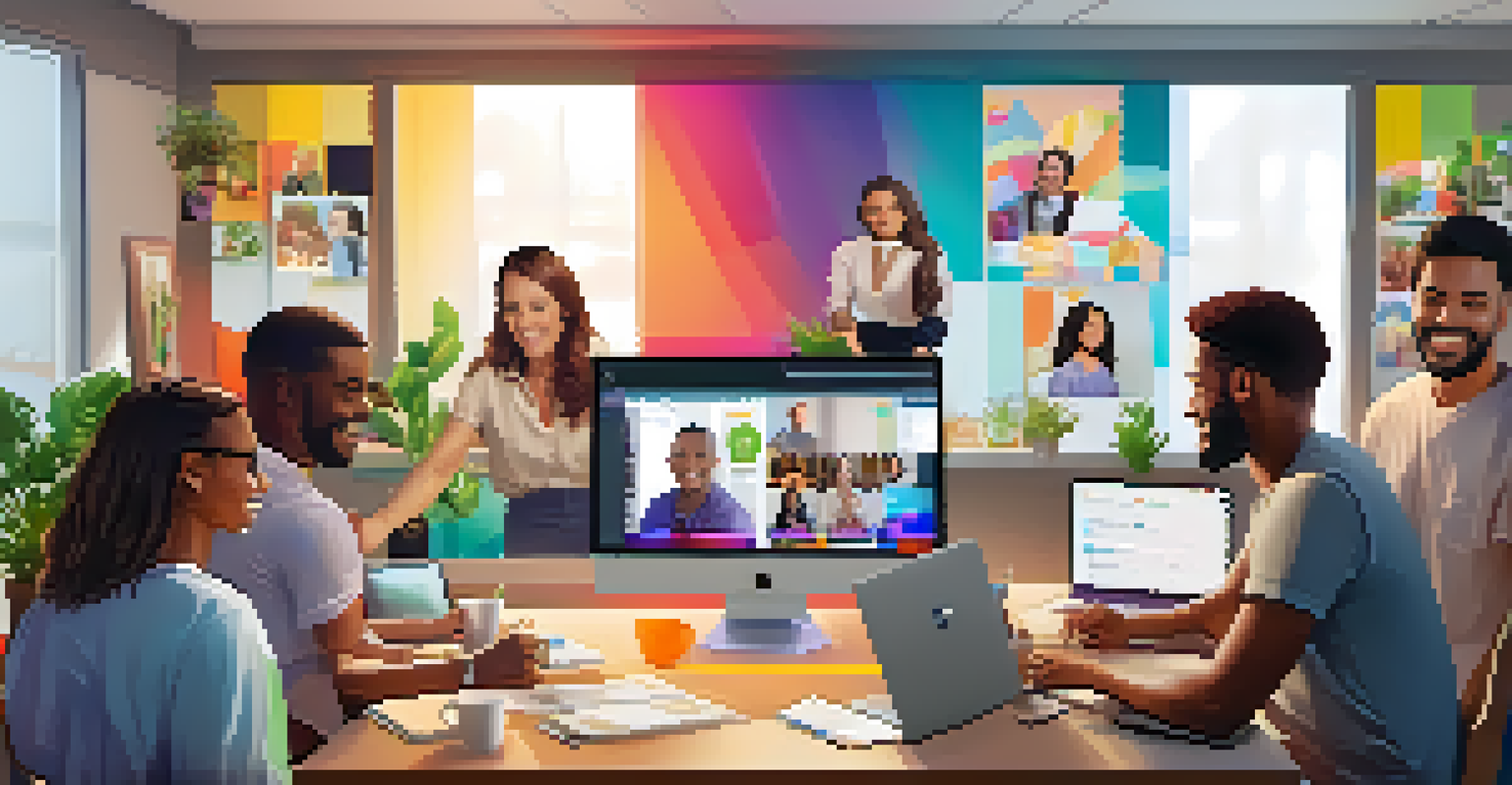 A virtual team meeting showing diverse individuals on a computer screen.