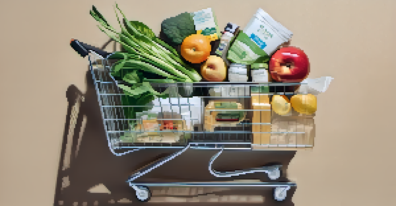 An overhead view of a shopping cart filled with eco-friendly products on a bright surface.
