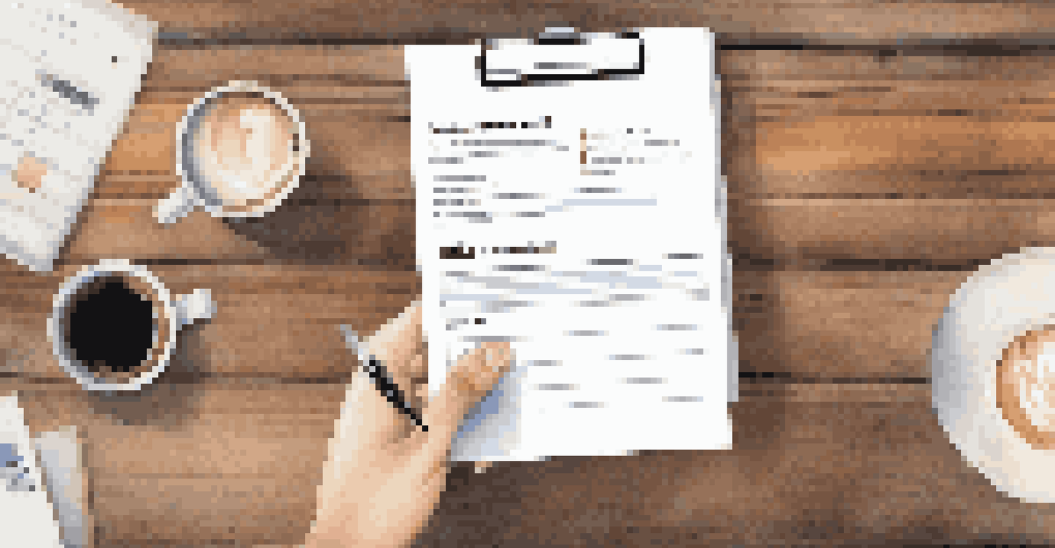 Close-up of hands holding a feedback form on a wooden table, with a coffee cup and laptop in the background.