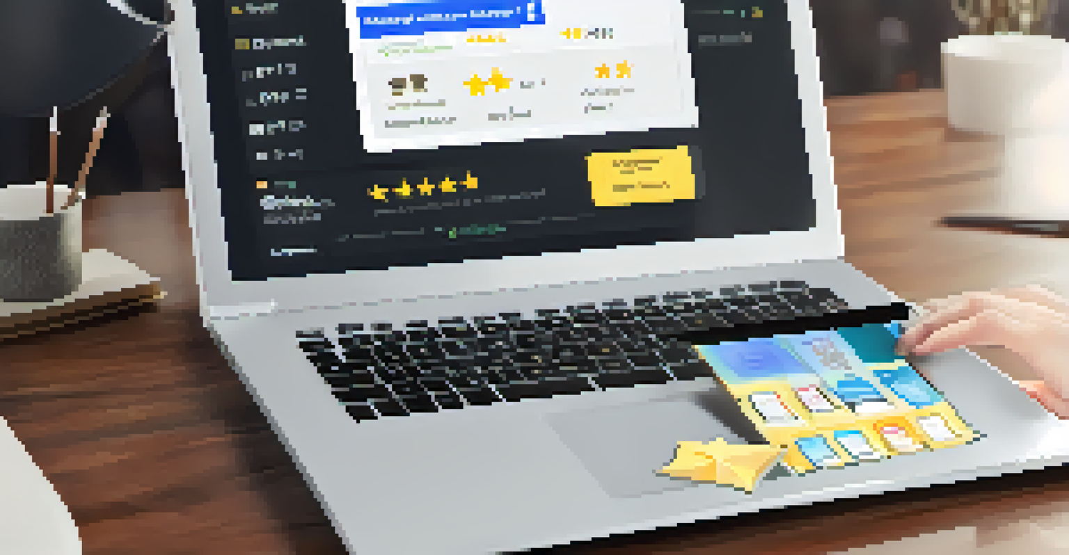 A laptop screen displaying online reviews with star ratings, and a hand poised over the keyboard, with a blurred background to focus on the screen.