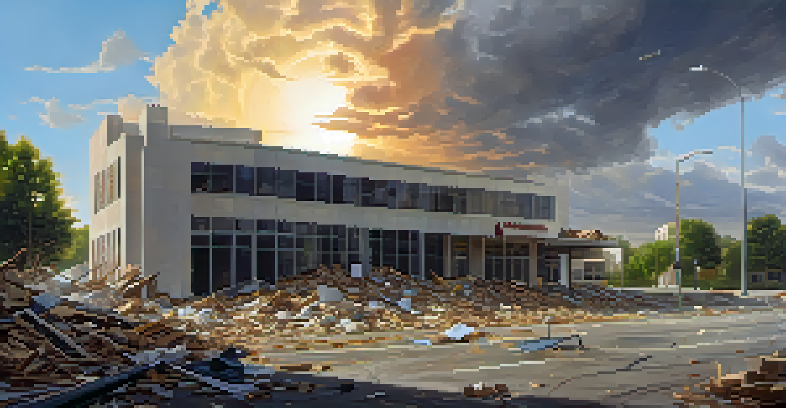A business building standing strong after a storm, surrounded by debris, symbolizing resilience and recovery.