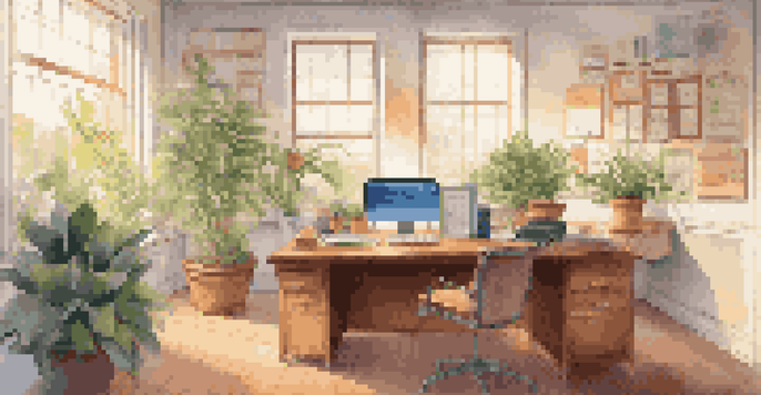 A peaceful office with a wooden desk, financial reports, a laptop with graphs, and sunlight coming through the window, creating a warm atmosphere.