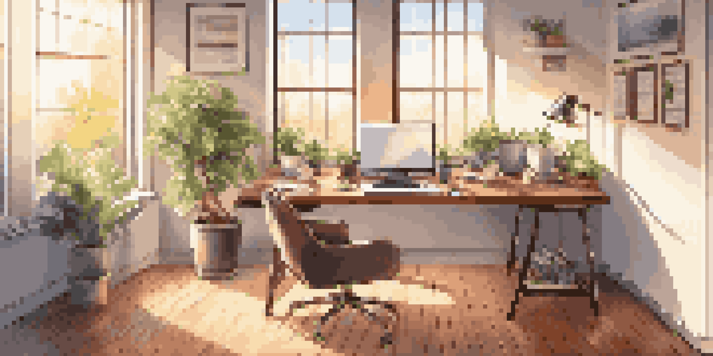 A bright and modern workspace with a laptop displaying social media analytics, a plant, and a coffee cup on a wooden desk.